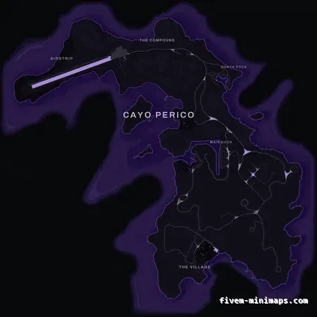 Purple VIOLET Cayo Perico FiveM-compatible minimap for GTA 5 — optional island add-on in the same palette, with postal codes