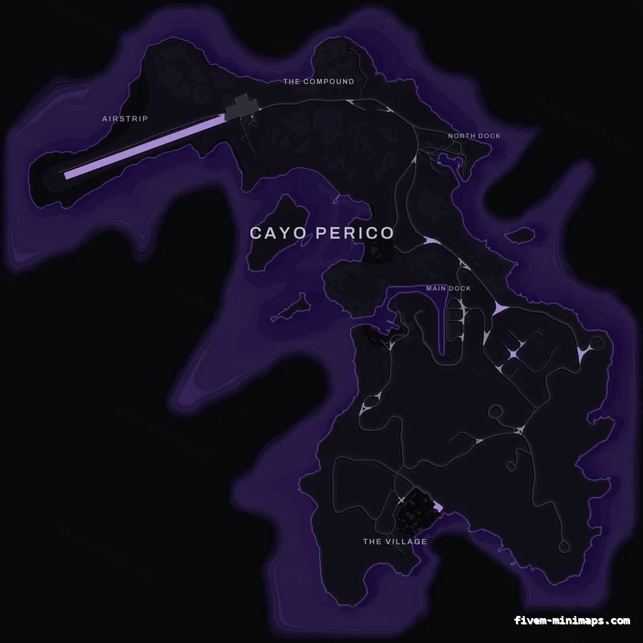 Purple VIOLET Cayo Perico FiveM-compatible minimap for GTA 5 — optional island add-on in the same palette, with postal codes