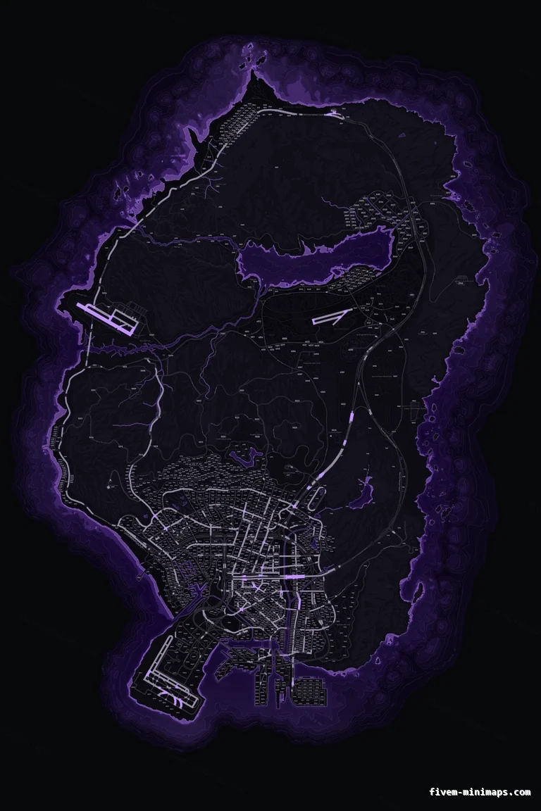 Purple VIOLET FiveM minimap for GTA V — with postal codes — showing the whole San Andreas map