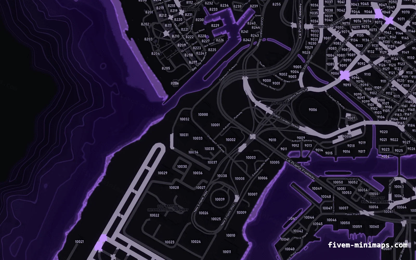 Purple VIOLET FiveM minimap for GTA V — with postal codes — showing the harbour and industrial docks