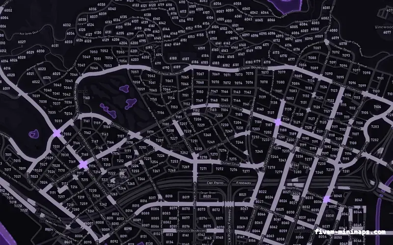 Purple VIOLET FiveM minimap for GTA V — with postal codes — showing Los Santos street detail