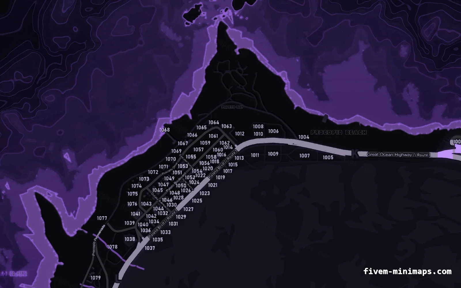 Purple VIOLET FiveM minimap for GTA V — with postal codes — showing Paleto Bay and Mount Chiliad