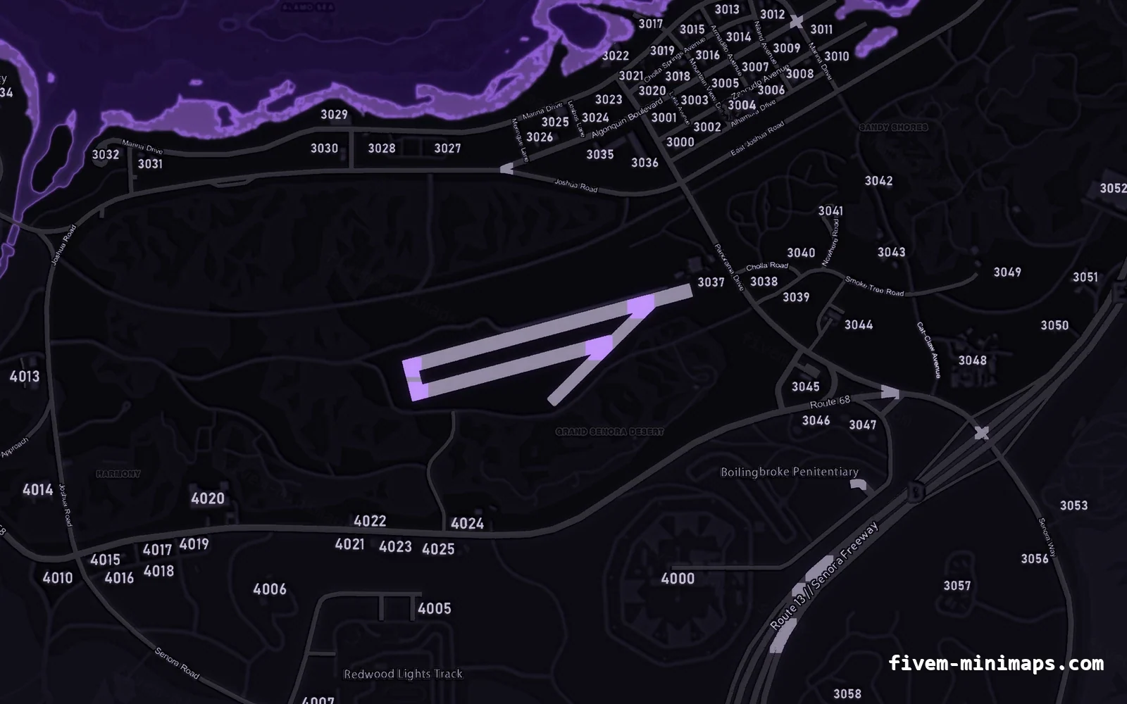 Purple VIOLET FiveM minimap for GTA V — with postal codes — showing Sandy Shores and the desert
