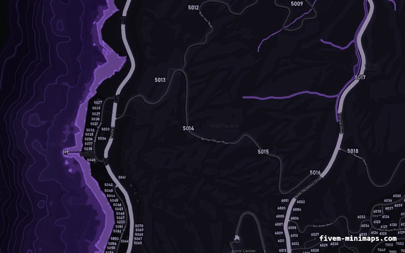 Purple VIOLET FiveM minimap for GTA V — with postal codes — showing the west coast and depth contours