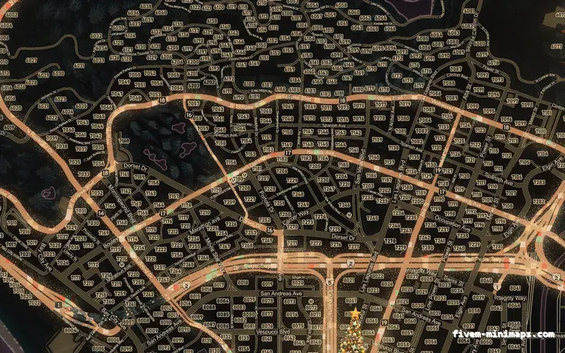 Christmas Red WINTER CRIMSON FiveM-compatible minimap for GTA 5 — google style — showing Los Santos street detail