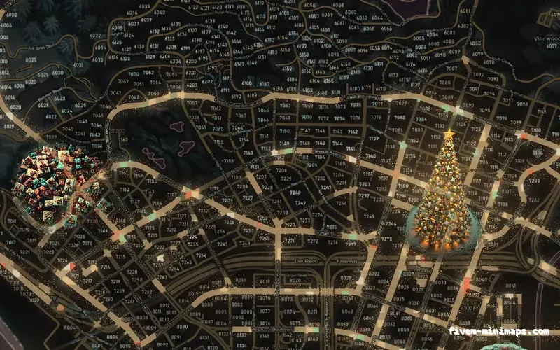 Christmas Red WINTER CRIMSON FiveM-compatible minimap for GTA 5 — with postal codes — showing Los Santos street detail