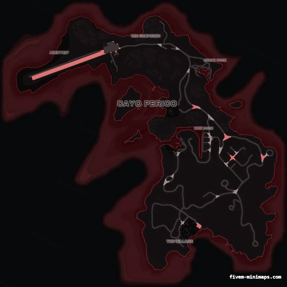 Red CRIMSON Cayo Perico FiveM-compatible minimap for GTA 5 — optional island add-on in the same palette, google style
