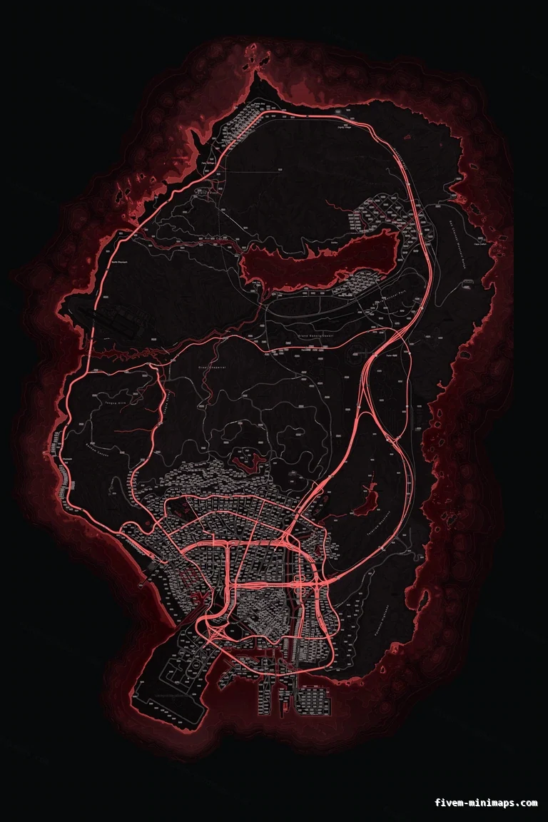 Red CRIMSON FiveM minimap for GTA V — google style — showing the whole San Andreas map
