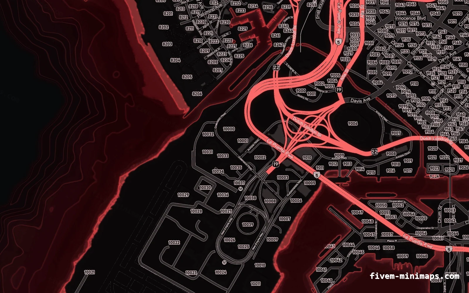 Red minimap — Harbour Red CRIMSON FiveM minimap for GTA V — google style — showing the harbour and industrial docks