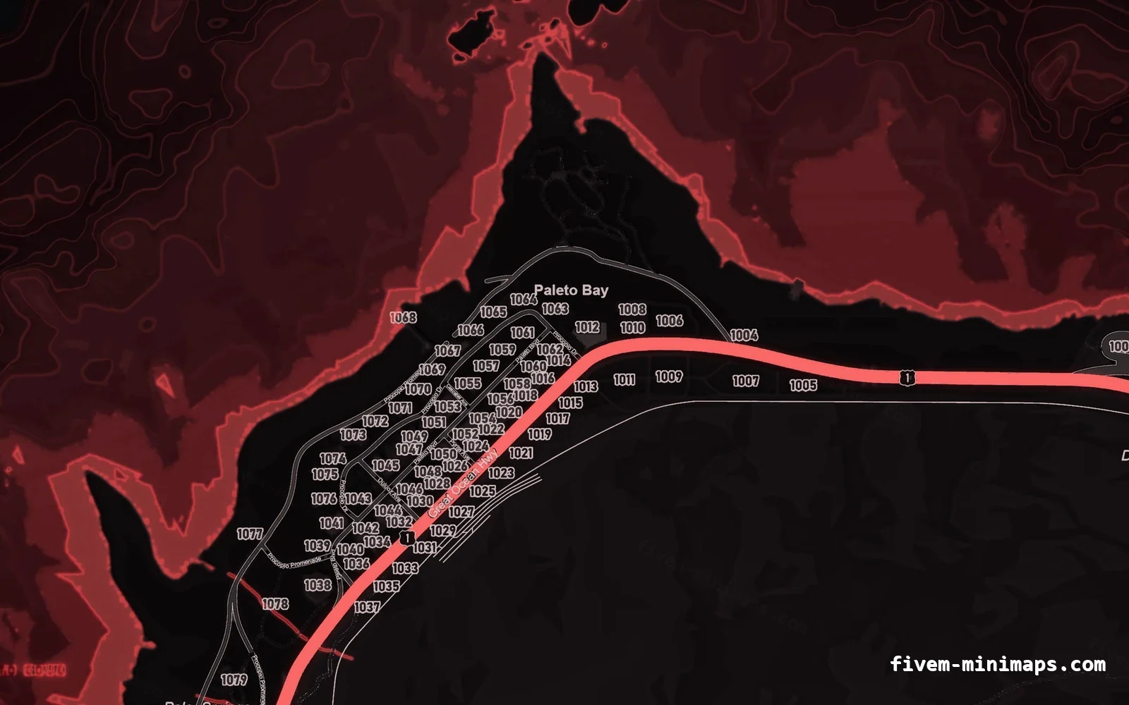 Red minimap — Paleto Bay Red CRIMSON FiveM minimap for GTA V — google style — showing Paleto Bay and Mount Chiliad
