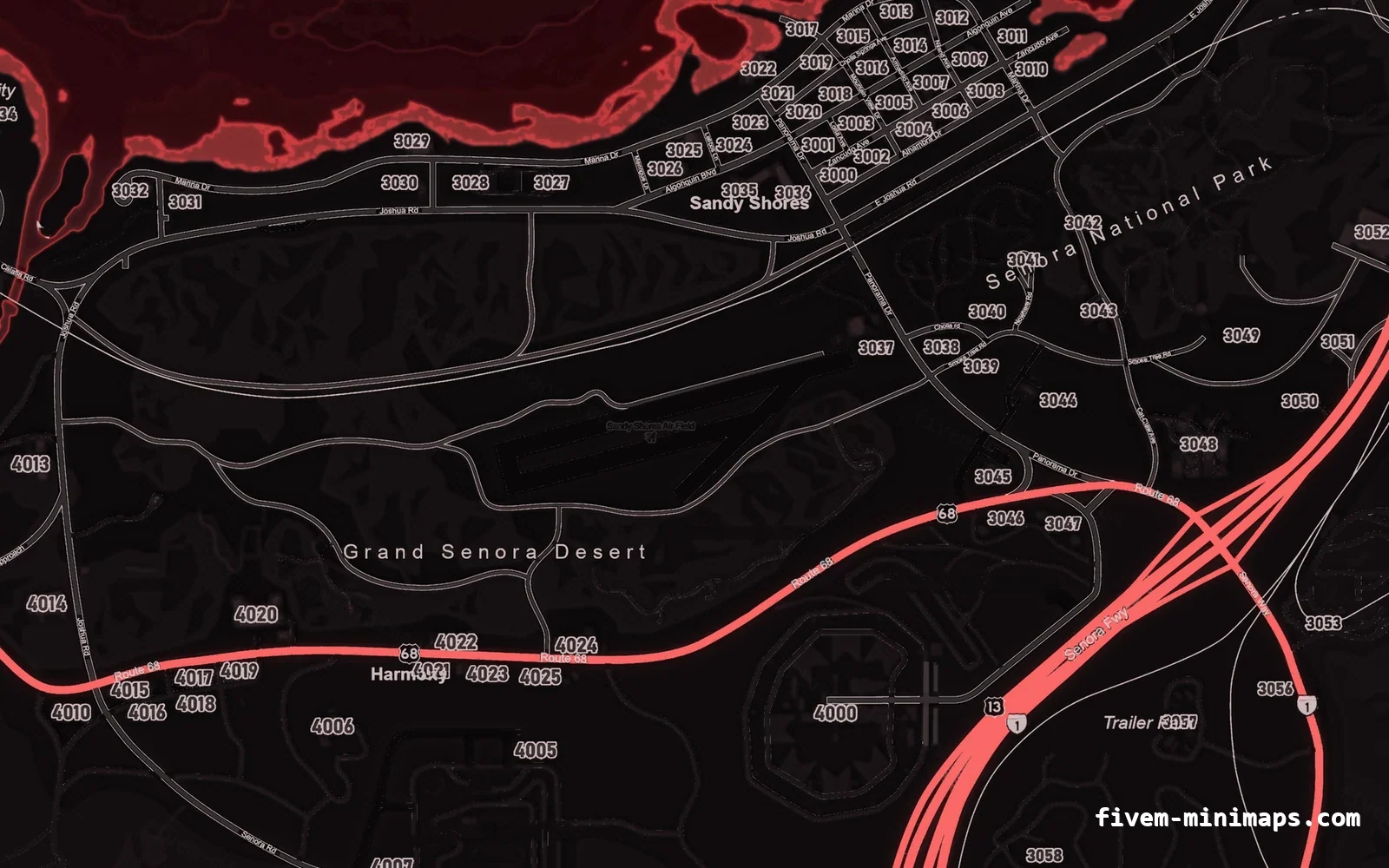 Red minimap — Sandy Shores Red CRIMSON FiveM minimap for GTA V — google style — showing Sandy Shores and the desert