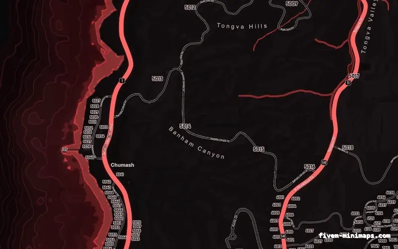 Red CRIMSON FiveM minimap showing the west coast with a glowing coastline