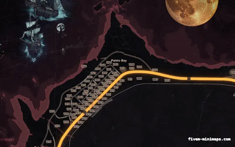 Halloween Red HAUNTED CRIMSON FiveM-compatible minimap for GTA 5 — google style — showing Paleto Bay and Mount Chiliad