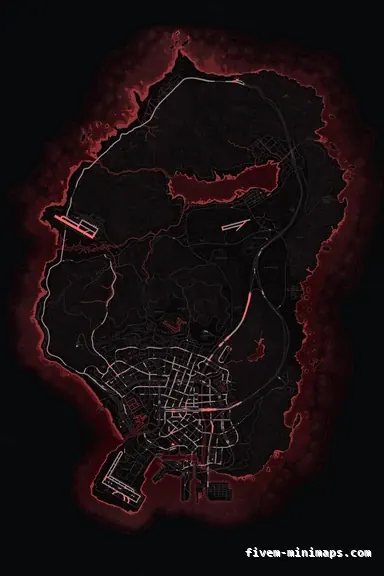 Red CRIMSON FiveM minimap for GTA V — without postal codes — showing the whole San Andreas map