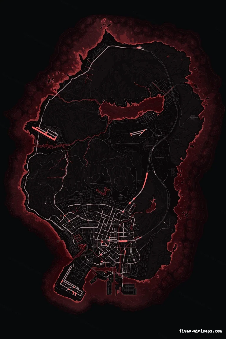 Red CRIMSON FiveM minimap for GTA V — without postal codes — showing the whole San Andreas map