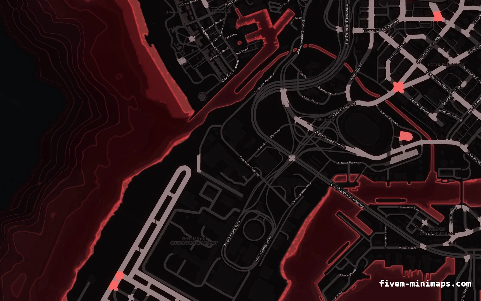 Red CRIMSON FiveM minimap for GTA V — without postal codes — showing the harbour and industrial docks