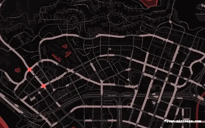 Red CRIMSON FiveM minimap for GTA V — without postal codes — showing Los Santos street detail