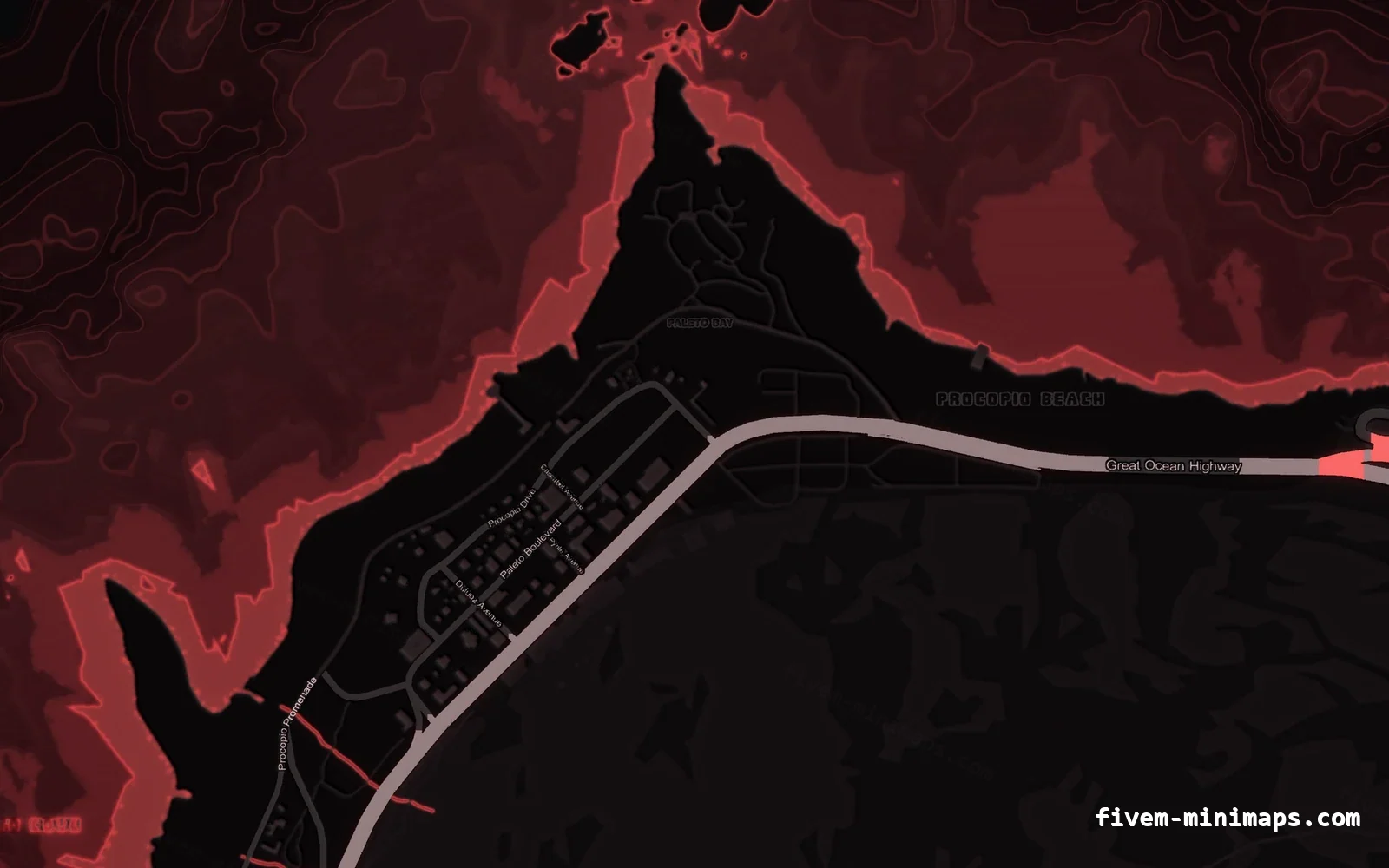 Red CRIMSON FiveM minimap for GTA V — without postal codes — showing Paleto Bay and Mount Chiliad