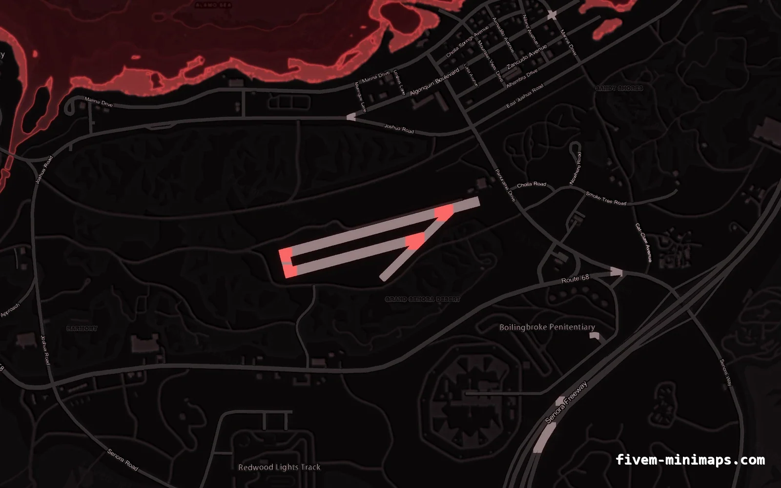 Red CRIMSON FiveM minimap for GTA V — without postal codes — showing Sandy Shores and the desert
