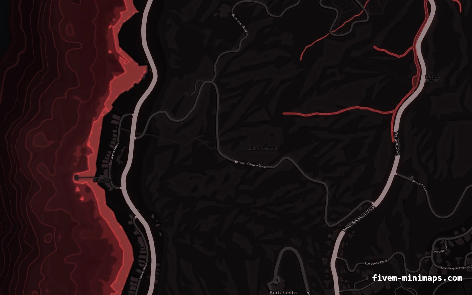 Red CRIMSON FiveM minimap for GTA V — without postal codes — showing the west coast and depth contours