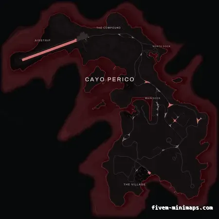 Red CRIMSON Cayo Perico FiveM-compatible minimap for GTA 5 — optional island add-on in the same palette, with postal codes