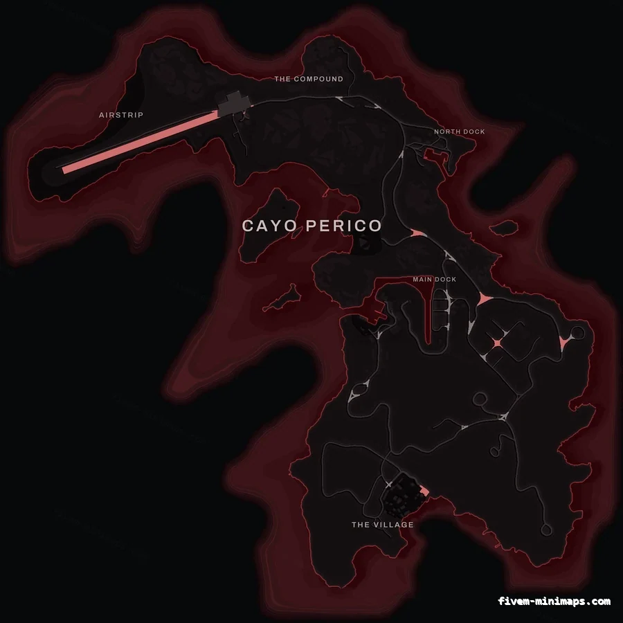 Red CRIMSON Cayo Perico FiveM-compatible minimap for GTA 5 — optional island add-on in the same palette, with postal codes