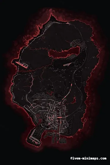 Red CRIMSON FiveM minimap for GTA V — with postal codes — showing the whole San Andreas map