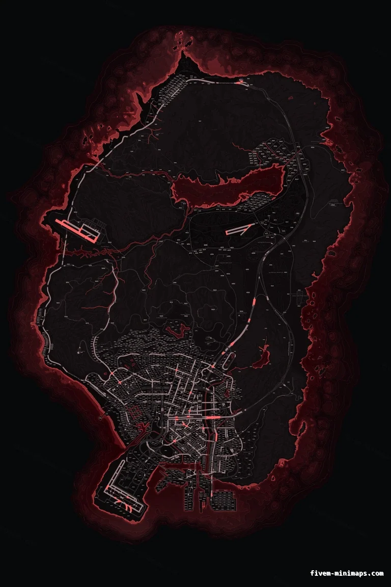 Red CRIMSON FiveM minimap for GTA V — with postal codes — showing the whole San Andreas map