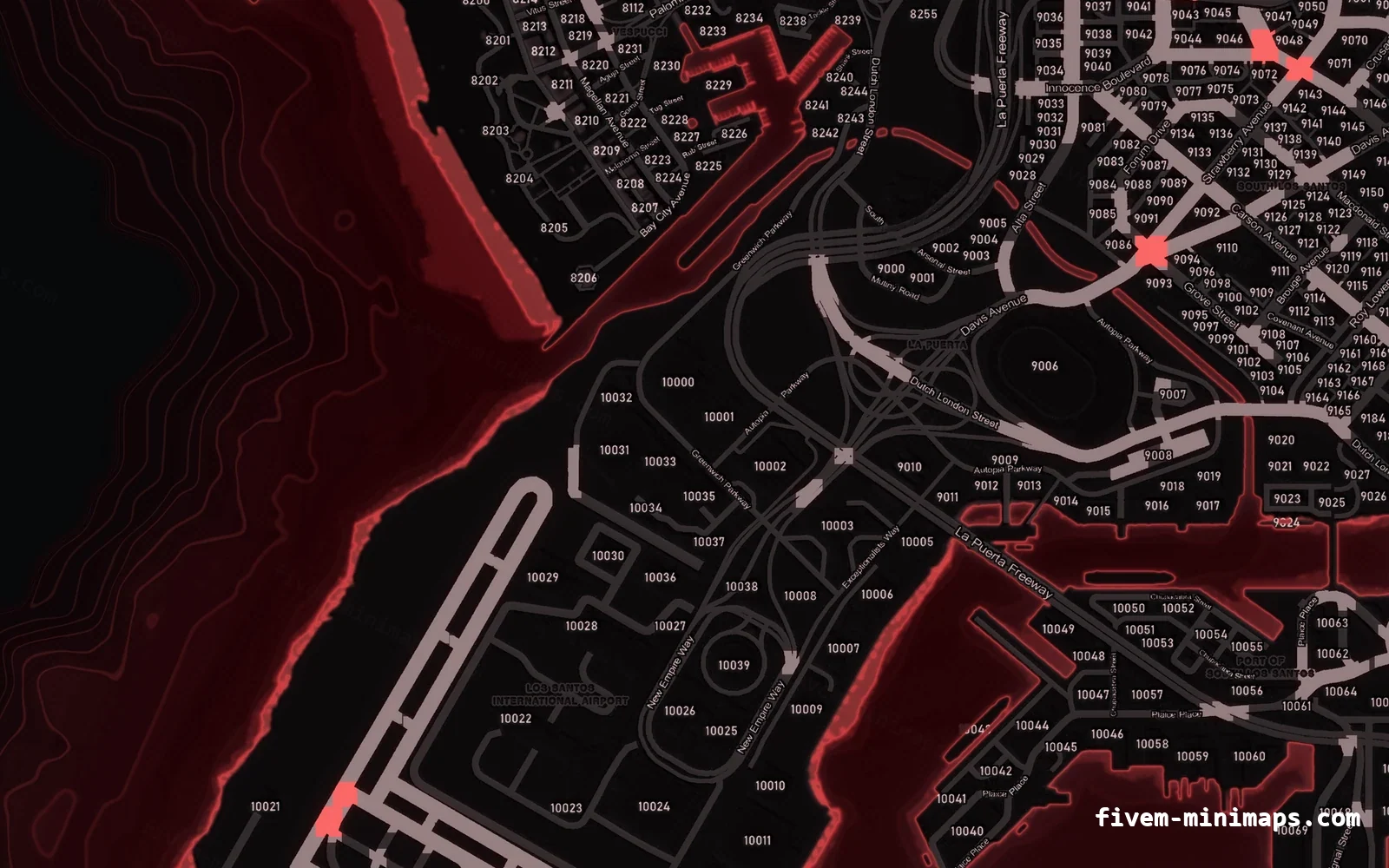 Red minimap — Harbour Red CRIMSON FiveM minimap for GTA V — with postal codes — showing the harbour and industrial docks