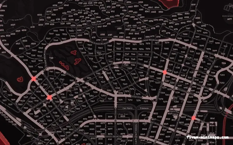 Red CRIMSON FiveM minimap for GTA V — with postal codes — showing Los Santos street detail