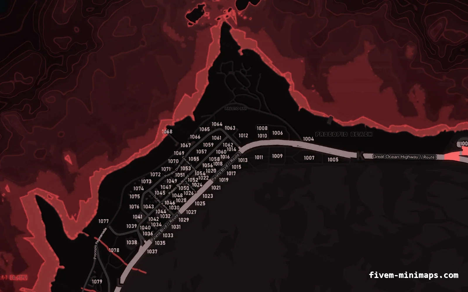 Red minimap — Paleto Bay Red CRIMSON FiveM minimap for GTA V — with postal codes — showing Paleto Bay and Mount Chiliad