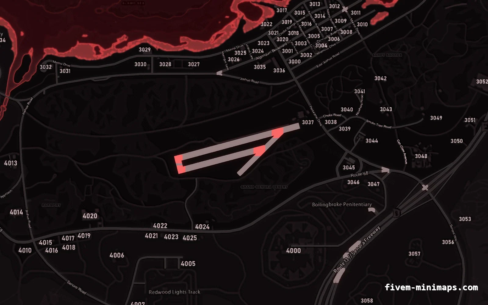 Red minimap — Sandy Shores Red CRIMSON FiveM minimap for GTA V — with postal codes — showing Sandy Shores and the desert