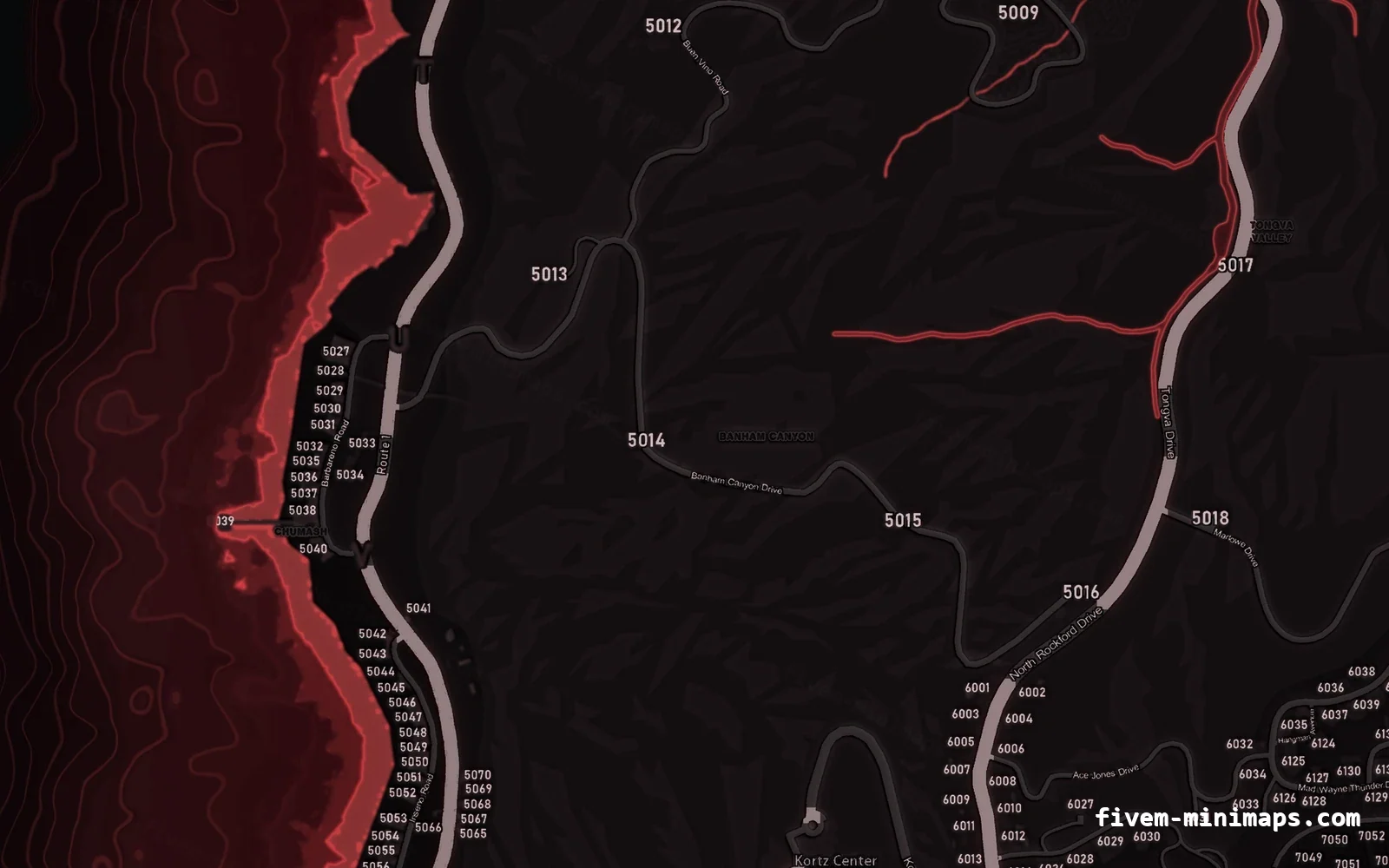 Red minimap — West coast Red CRIMSON FiveM minimap for GTA V — with postal codes — showing the west coast and depth contours