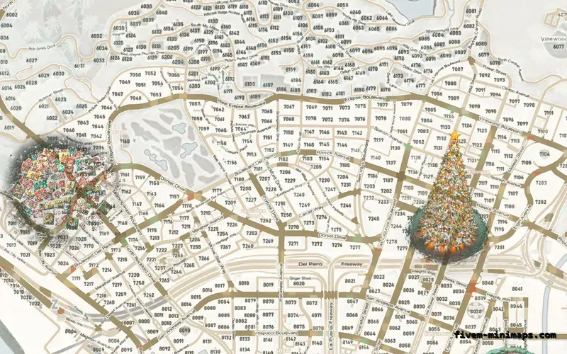 Christmas White WINTER ALABASTER FiveM-compatible minimap for GTA 5 — with postal codes — showing Los Santos street detail