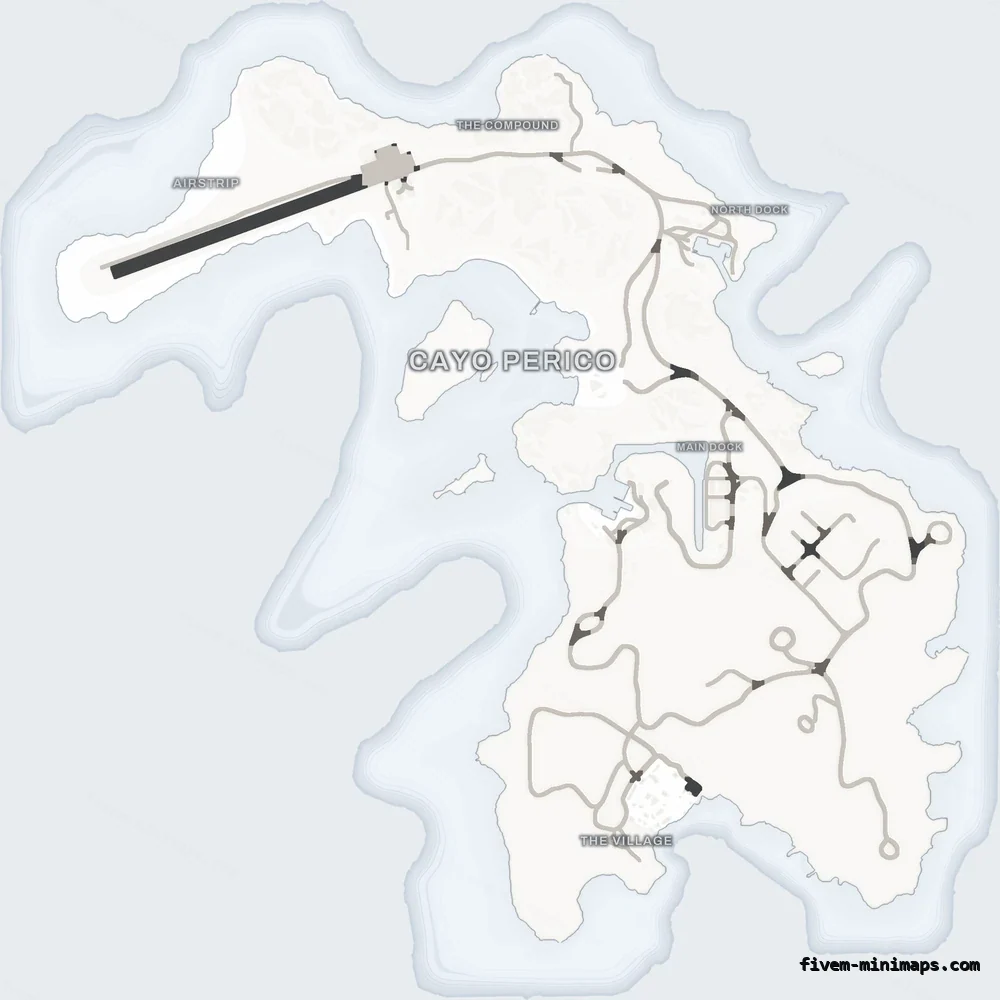 White ALABASTER Cayo Perico FiveM-compatible minimap for GTA 5 — optional island add-on in the same palette, google style