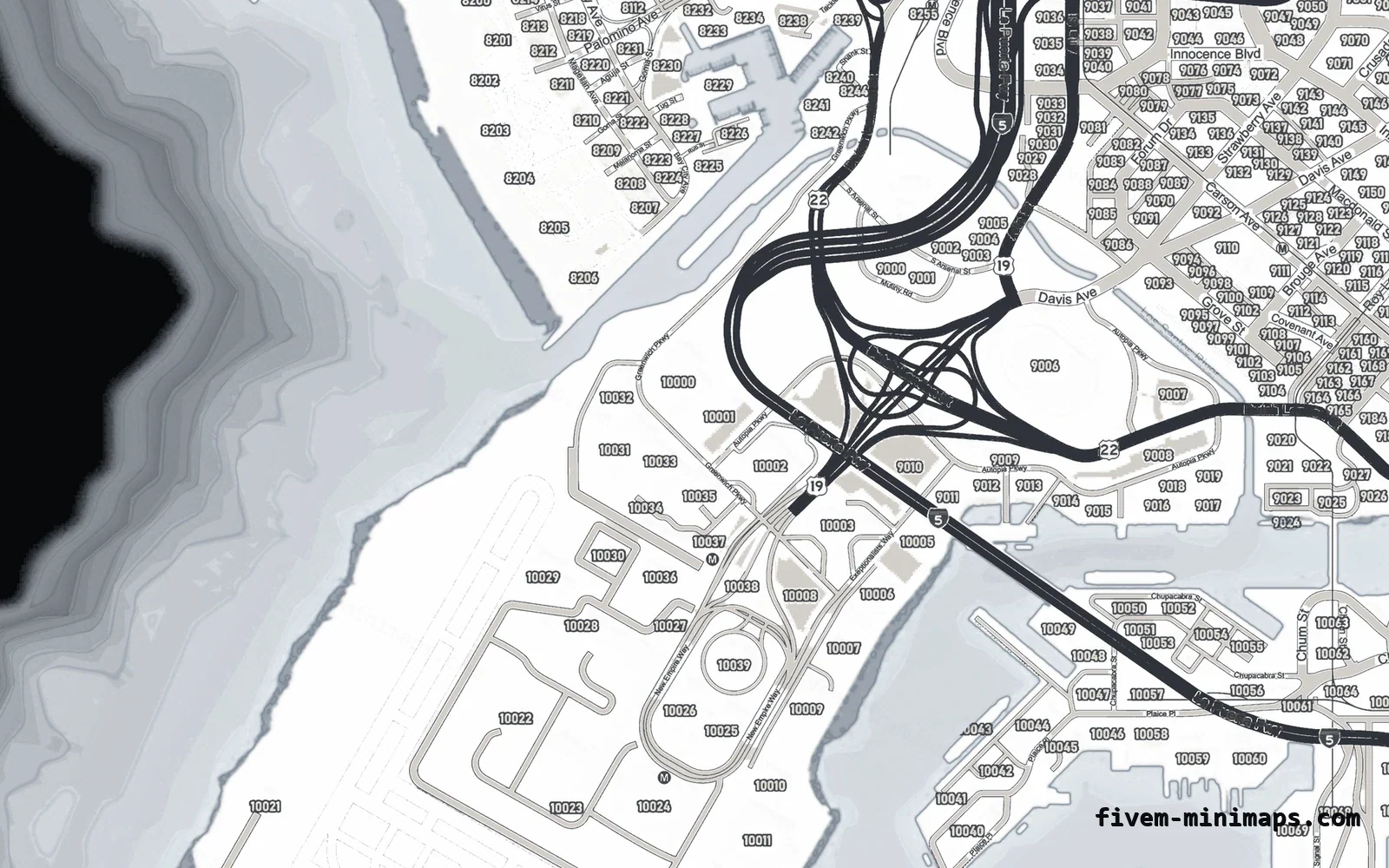 White ALABASTER FiveM minimap for GTA V — google style — showing the harbour and industrial docks
