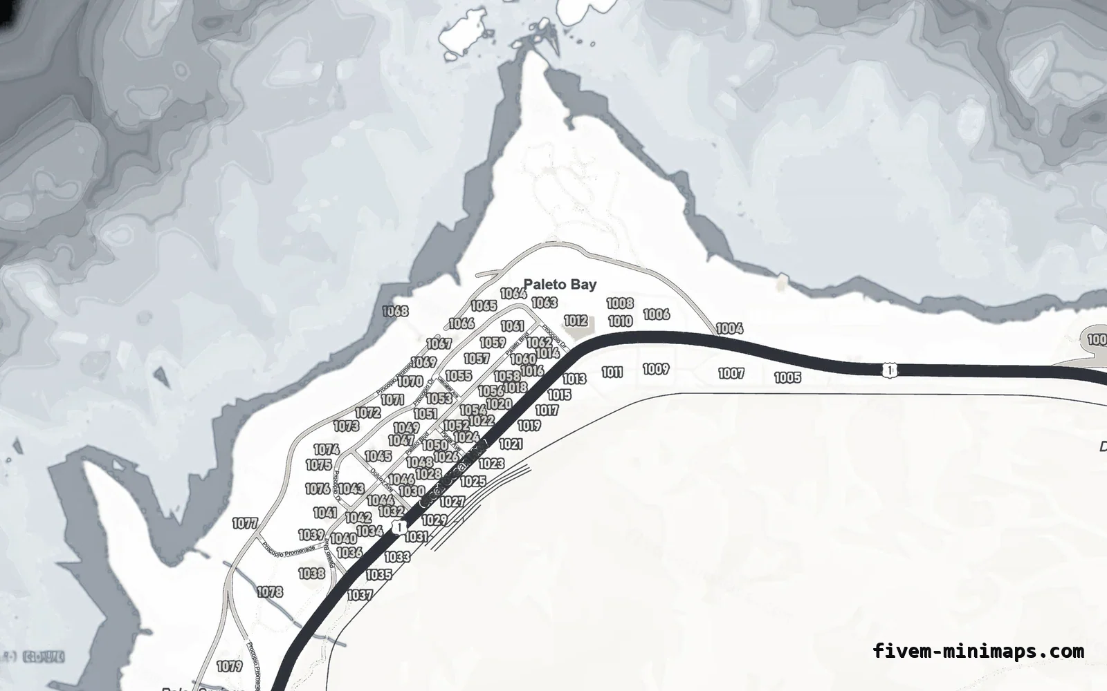 White ALABASTER FiveM minimap for GTA V — google style — showing Paleto Bay and Mount Chiliad