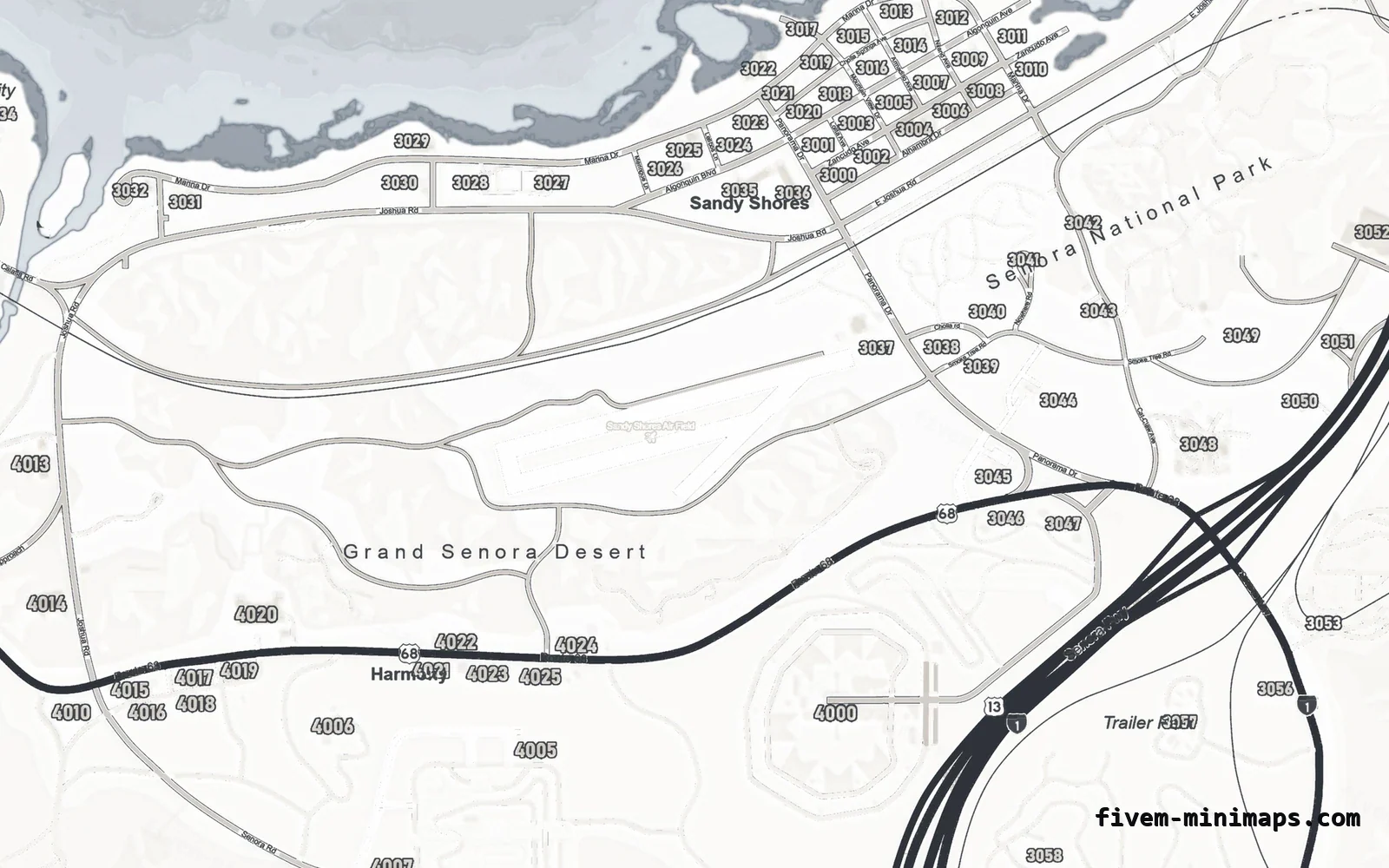 White ALABASTER FiveM minimap for GTA V — google style — showing Sandy Shores and the desert