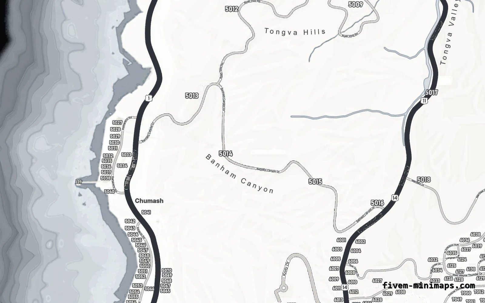 White ALABASTER FiveM minimap for GTA V — google style — showing the west coast and depth contours