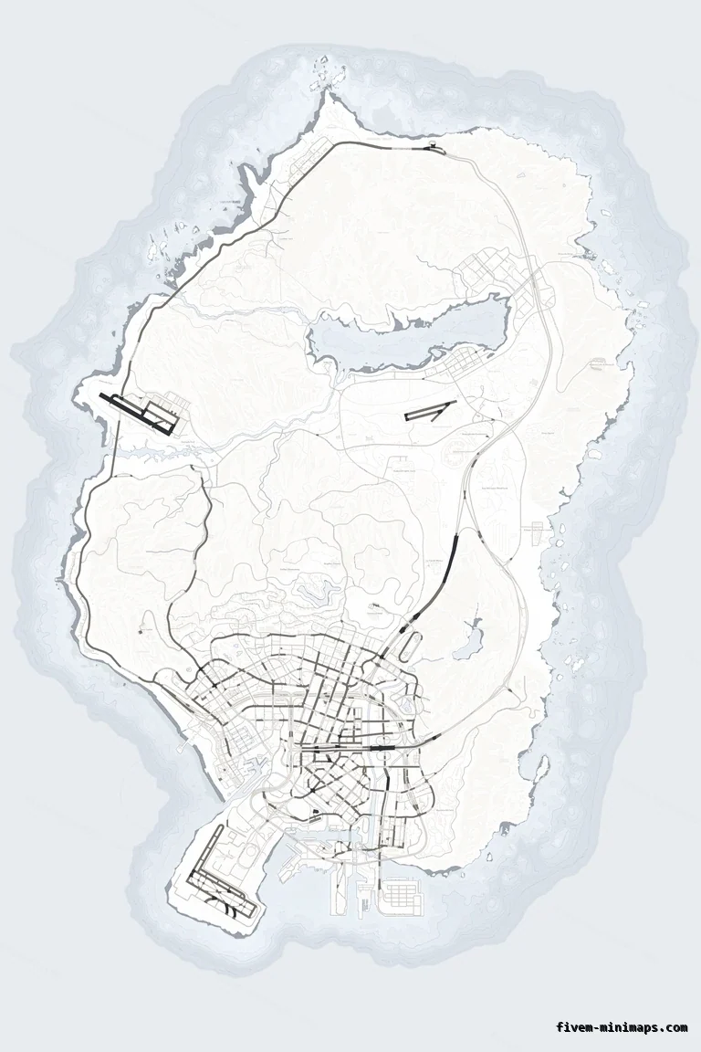 White ALABASTER FiveM minimap for GTA V — without postal codes — showing the whole San Andreas map