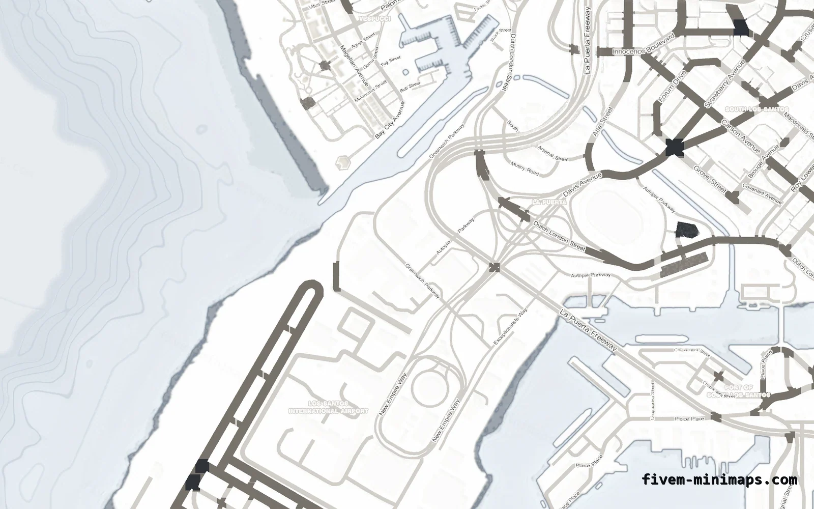 White ALABASTER FiveM minimap for GTA V — without postal codes — showing the harbour and industrial docks