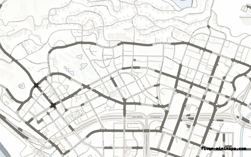 White ALABASTER FiveM minimap for GTA V — without postal codes — showing Los Santos street detail