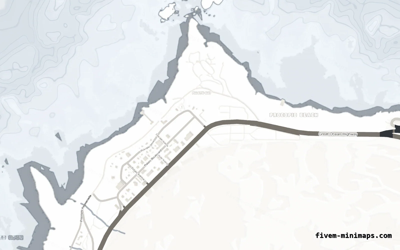 White ALABASTER FiveM minimap for GTA V — without postal codes — showing Paleto Bay and Mount Chiliad