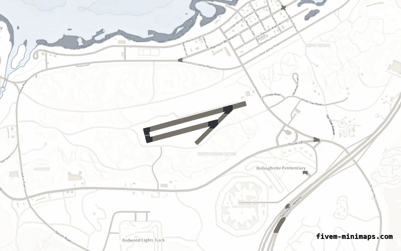 White ALABASTER FiveM minimap for GTA V — without postal codes — showing Sandy Shores and the desert