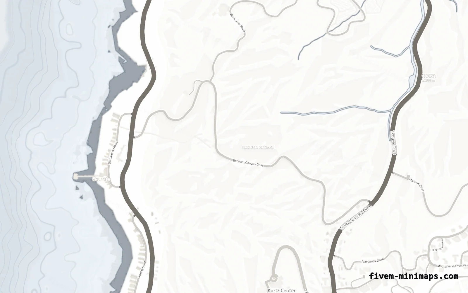 White ALABASTER FiveM minimap for GTA V — without postal codes — showing the west coast and depth contours