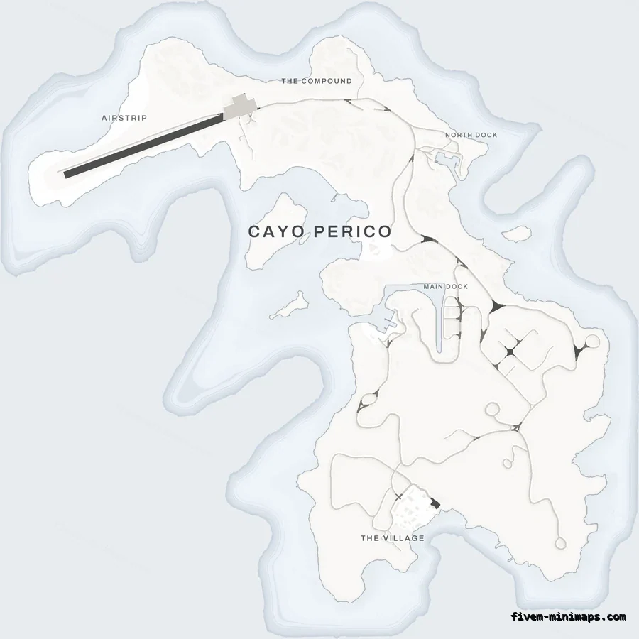 White ALABASTER Cayo Perico FiveM-compatible minimap for GTA 5 — optional island add-on in the same palette, with postal codes