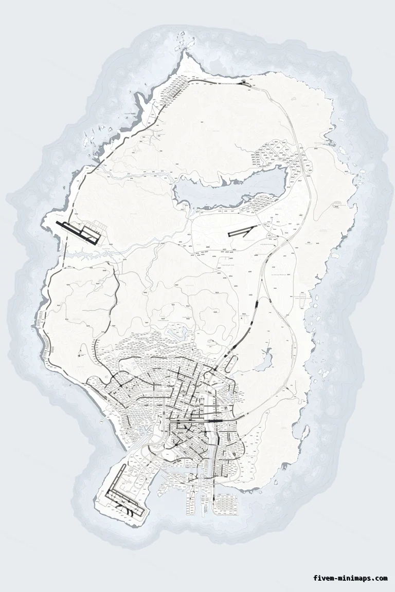 White ALABASTER FiveM minimap for GTA V — with postal codes — showing the whole San Andreas map
