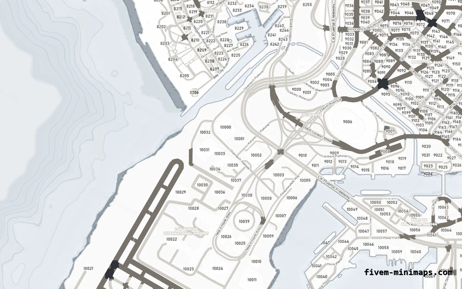 White minimap — Harbour White ALABASTER FiveM minimap for GTA V — with postal codes — showing the harbour and industrial docks
