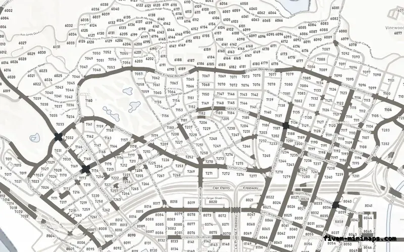 White ALABASTER FiveM minimap for GTA V — with postal codes — showing Los Santos street detail