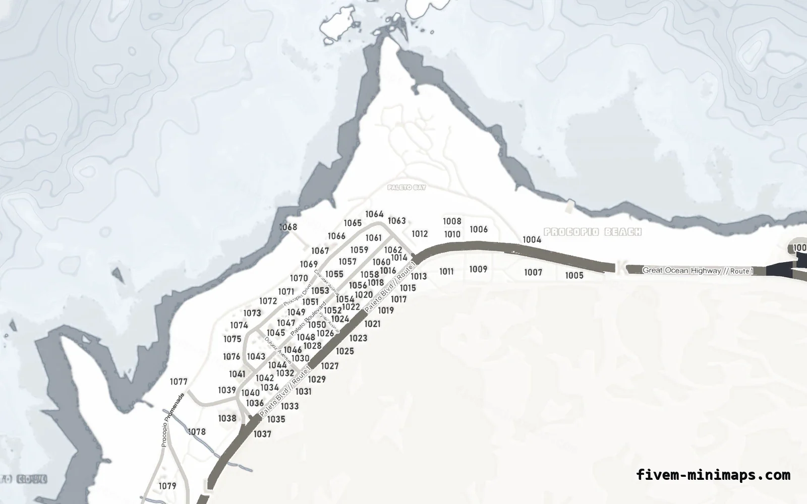 White minimap — Paleto Bay White ALABASTER FiveM minimap for GTA V — with postal codes — showing Paleto Bay and Mount Chiliad